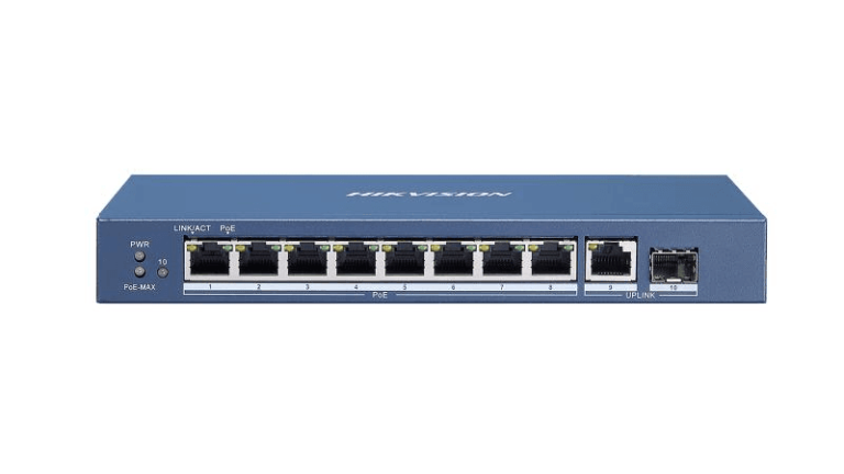 Hikvision 8-Port PoE Switch for powering and connecting Hikvision cameras and network devices, ideal for surveillance systems and high-performance networks.