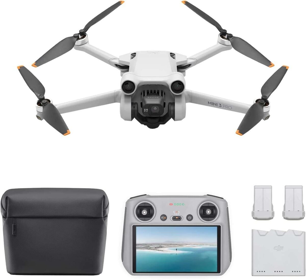 DJI Mini 3 Pro drone with RC Smart Remote and Fly More Kit, featuring a 4K camera and 47-minute flight time.