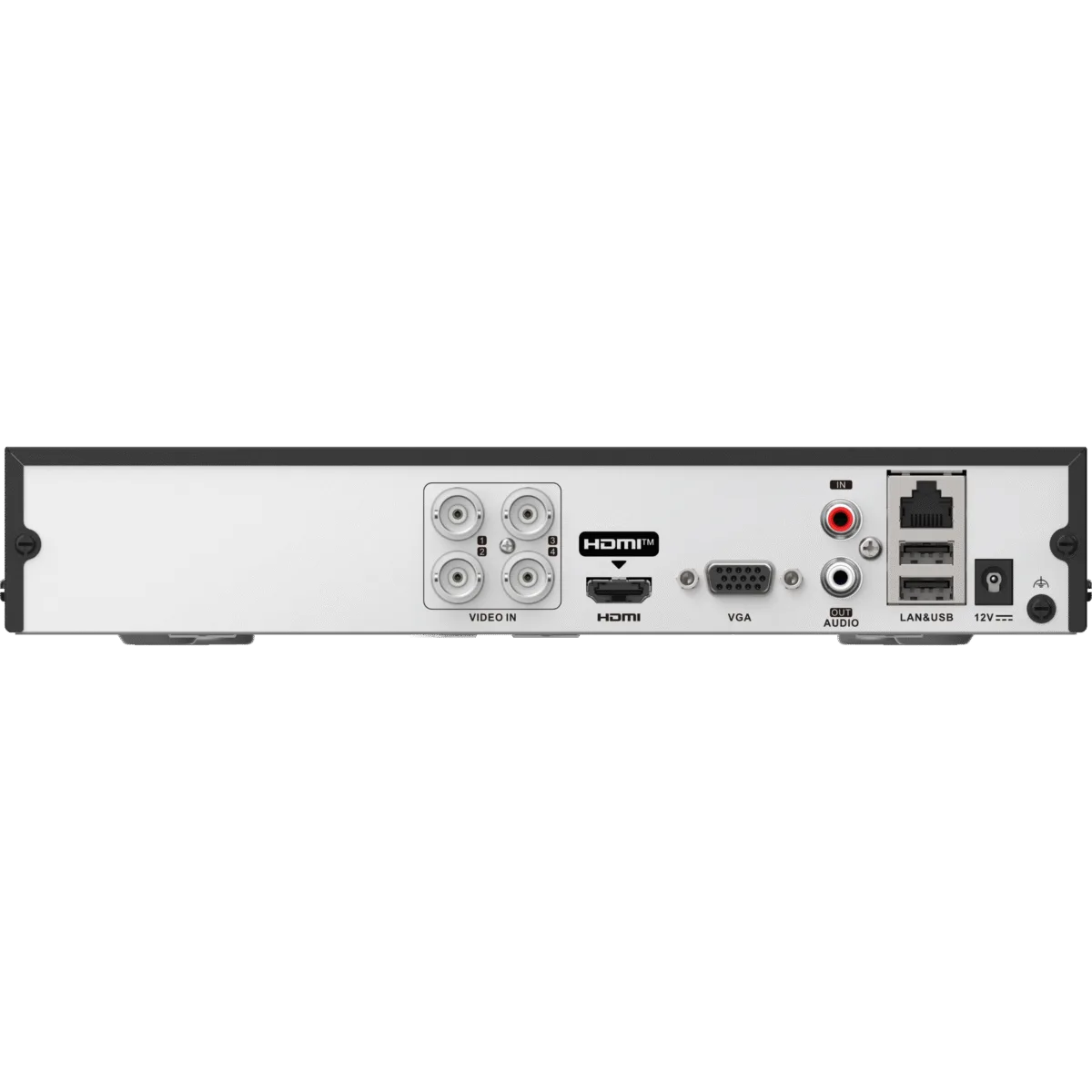 Rear panel of Hikvision iDS-7204HUHI-M1/S showing BNC, HDMI, VGA, LAN ports