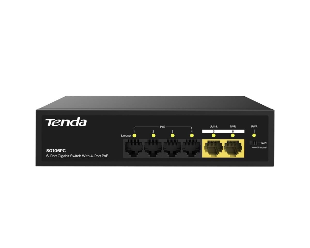Tenda SG106PC 6-Port Gigabit Lite PoE Switch with 4 PoE+ Ports and Metal Housing – Front View