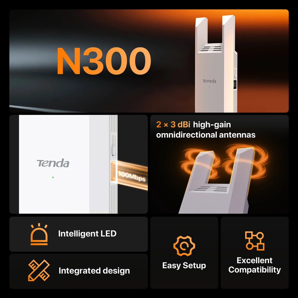 Tenda A10 N300 Wi-Fi Range Extender with Ethernet Port & Intelligent LED 3Yr - Image 5