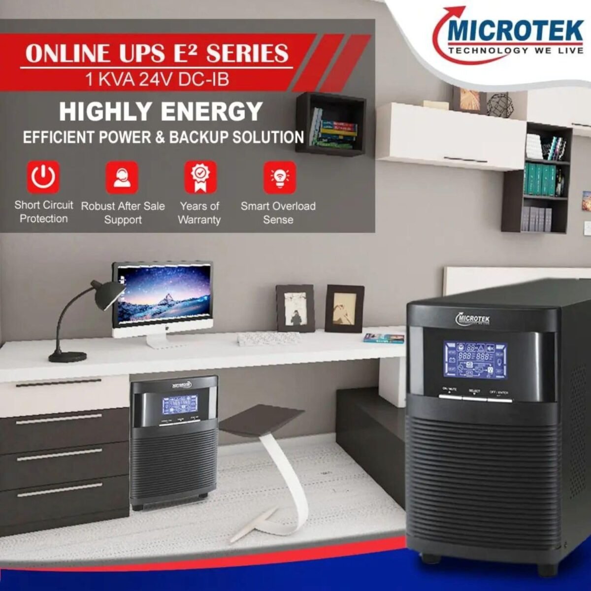 Microtek- Online UPS E2-1KVA 24V Pure Sinewave with in-Built Batteries (12V 9AHx2) Power Backup & Protection for Home Office, Desktop PC & Shops
