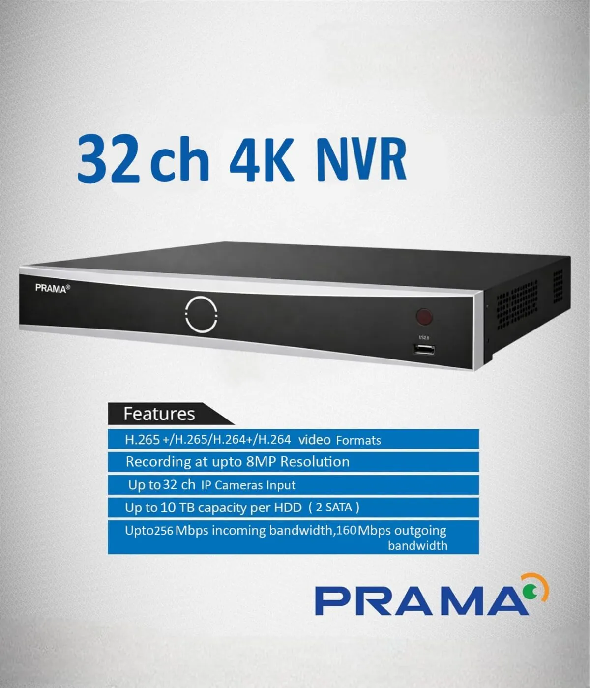 PRAMA PT-NRAS2A32-K2 32 Channel AIsense Network Video Recorder with H.265+ Compression, 2 SATA Interface Supporting HDD up to 10TB Per HDD, 4K HDMI, Upto 80 mbps Incoming...