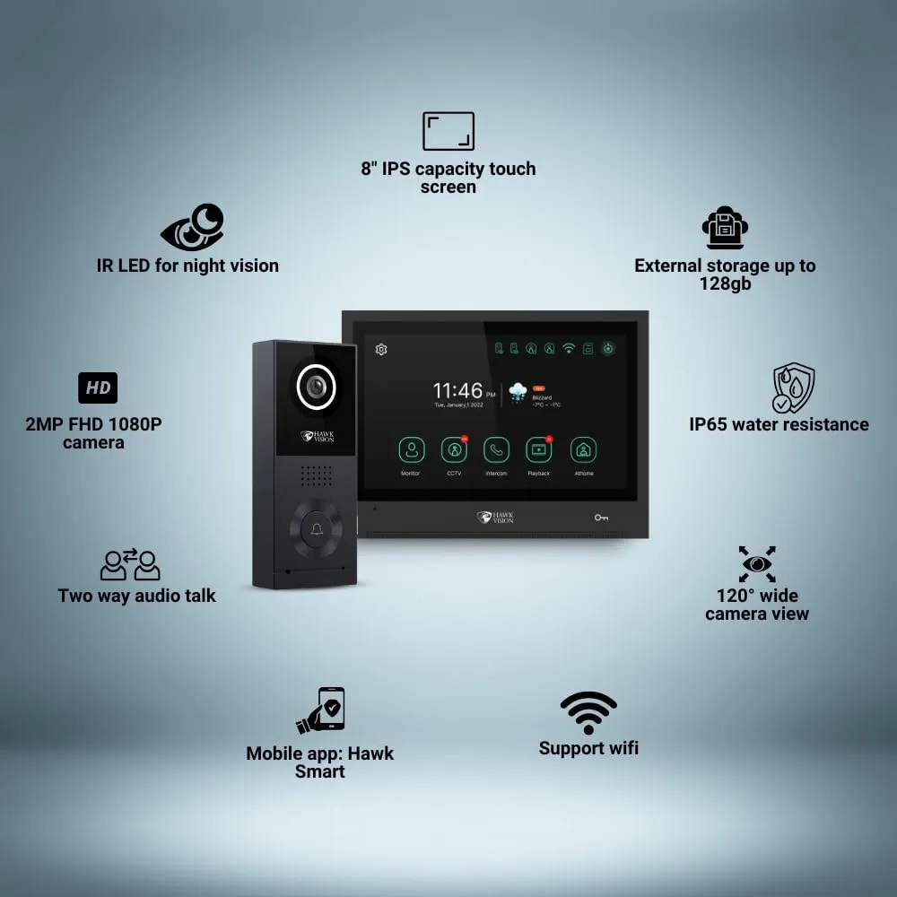 Hawk Vision Network Based Video Door Phone/Bell with 8" inch LCD Screen |Wired |Two-Way Intercom | Instant Phone Visitor Video Call | Night Vision, and Remote Access for...