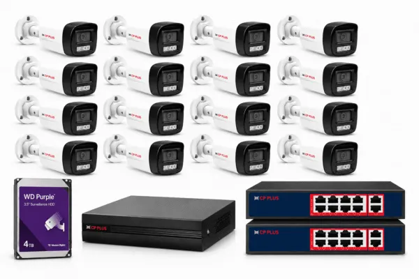 CP Plus 16Ch NVR 16× 2MP Dual Light Two-Way Audio Bullet Camera Combo with 2× Gigabit PoE Switch & 4TB WD Purple HDD