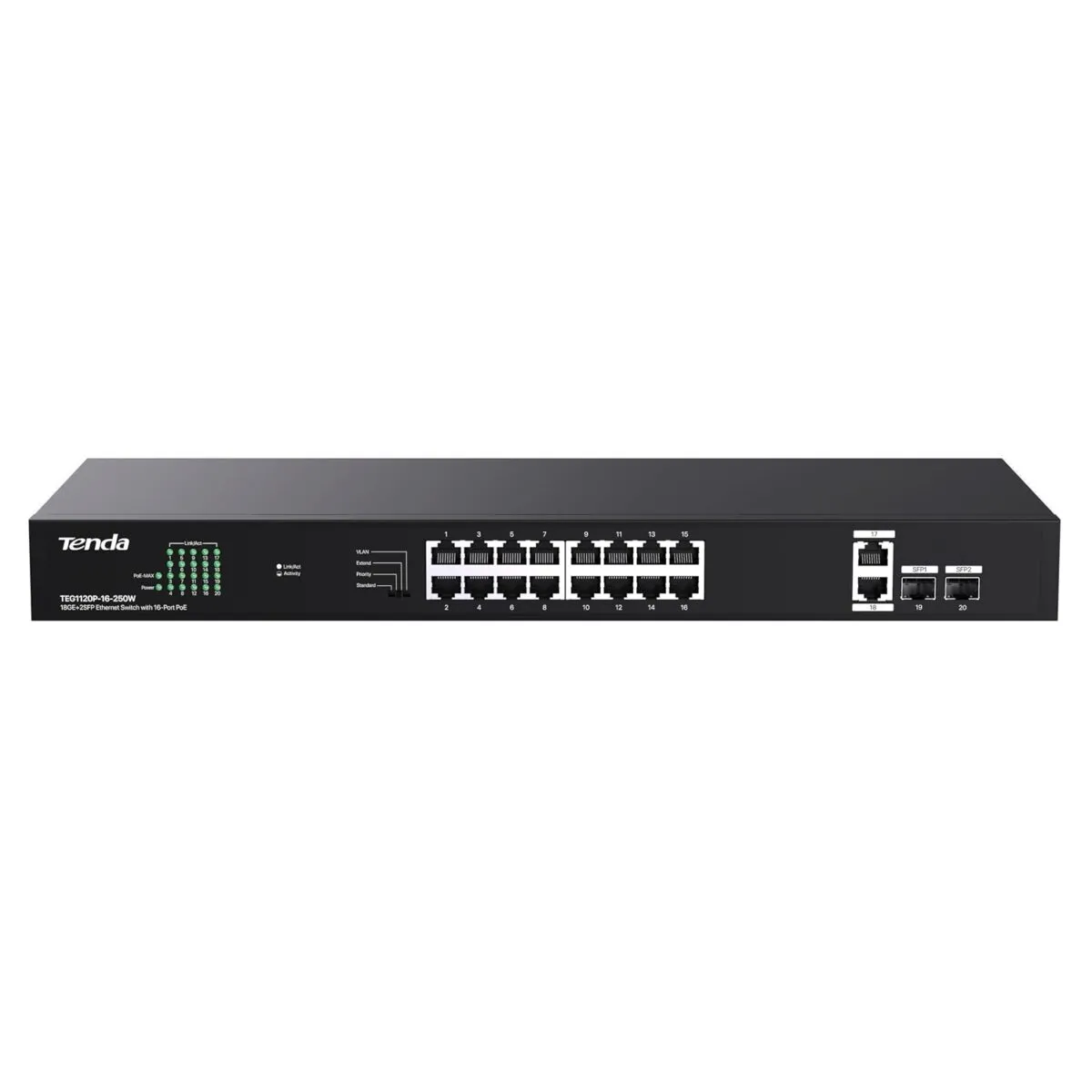 Tenda TEG1120P-16-250W, 16 Port Gigabit PoE Switch Compatible with IEEE 802.3af/at Devices, Rack Mountable, Unmanaged PoE+ Switch with 16 Port PoE+@230W & 2 RJ45 Ports & 2 SFP... Tenda TEG1120P-16-250W, 16 Port Gigabit PoE Switch Compatible with IEEE 802.3af/at Devices, Rack Mountable, Unmanaged PoE+ Switch with 16 Port PoE+@230W & 2 RJ45 Ports & 2 SFP...