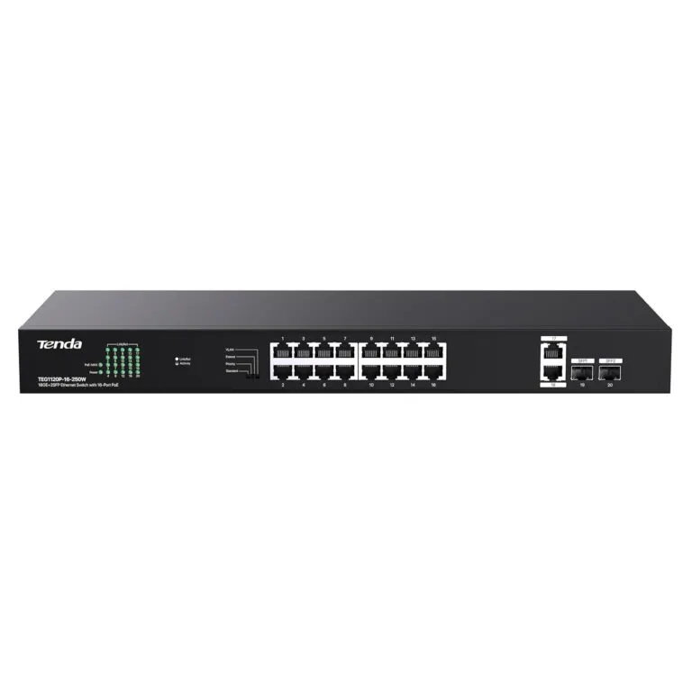 Tenda TEG1120P-16-250W, 16 Port Gigabit PoE Switch Compatible with IEEE 802.3af/at Devices, Rack Mountable, Unmanaged PoE+ Switch with 16 Port PoE+@230W & 2 RJ45 Ports & 2 SFP...