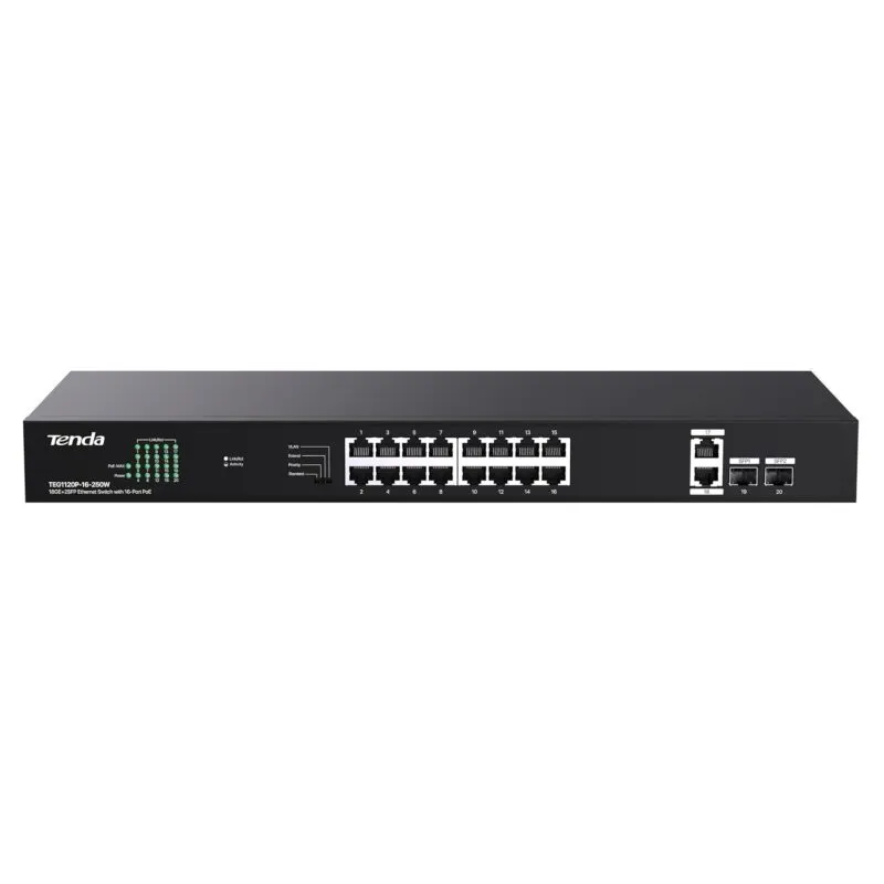 Tenda TEG1120P-16-250W, 16 Port Gigabit PoE Switch Compatible with IEEE 802.3af/at Devices, Rack Mountable, Unmanaged PoE+ Switch with 16 Port PoE+@230W & 2 RJ45 Ports & 2 SFP...